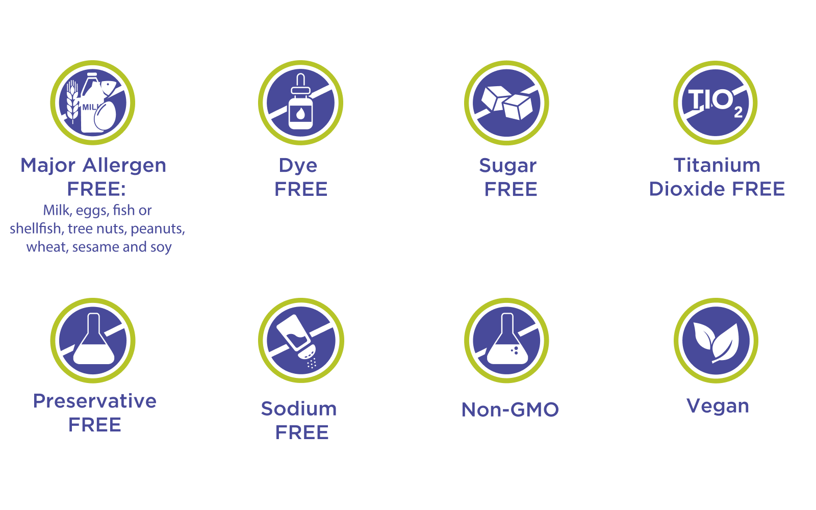 major allergen free (milk, eggs, fish or shellfish, tree nuts, peanuts, wheat and soy), dye free, sugar free, titanium dioxide free, preservative free, sodium free, non-GMO, vegan, caffeine free, gluten free