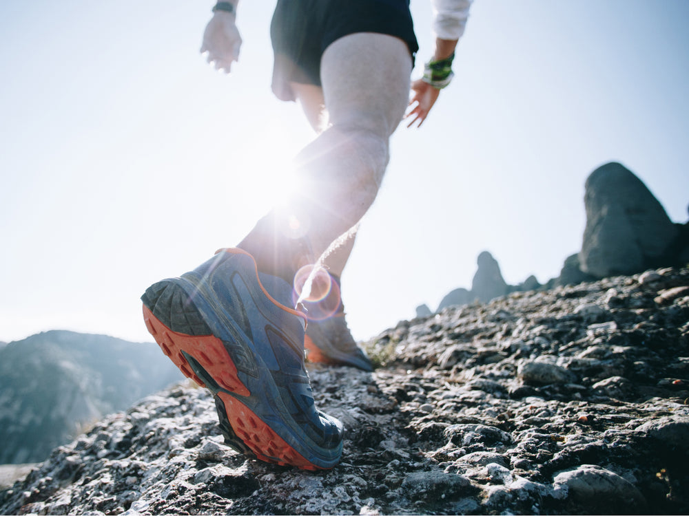 Person hiking on a rocky trail with mountainous background