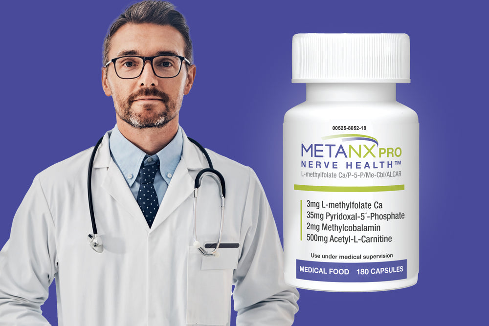 Doctor with stethoscope with a MetanxPRO Nerve Health™ 180 capsule bottle 