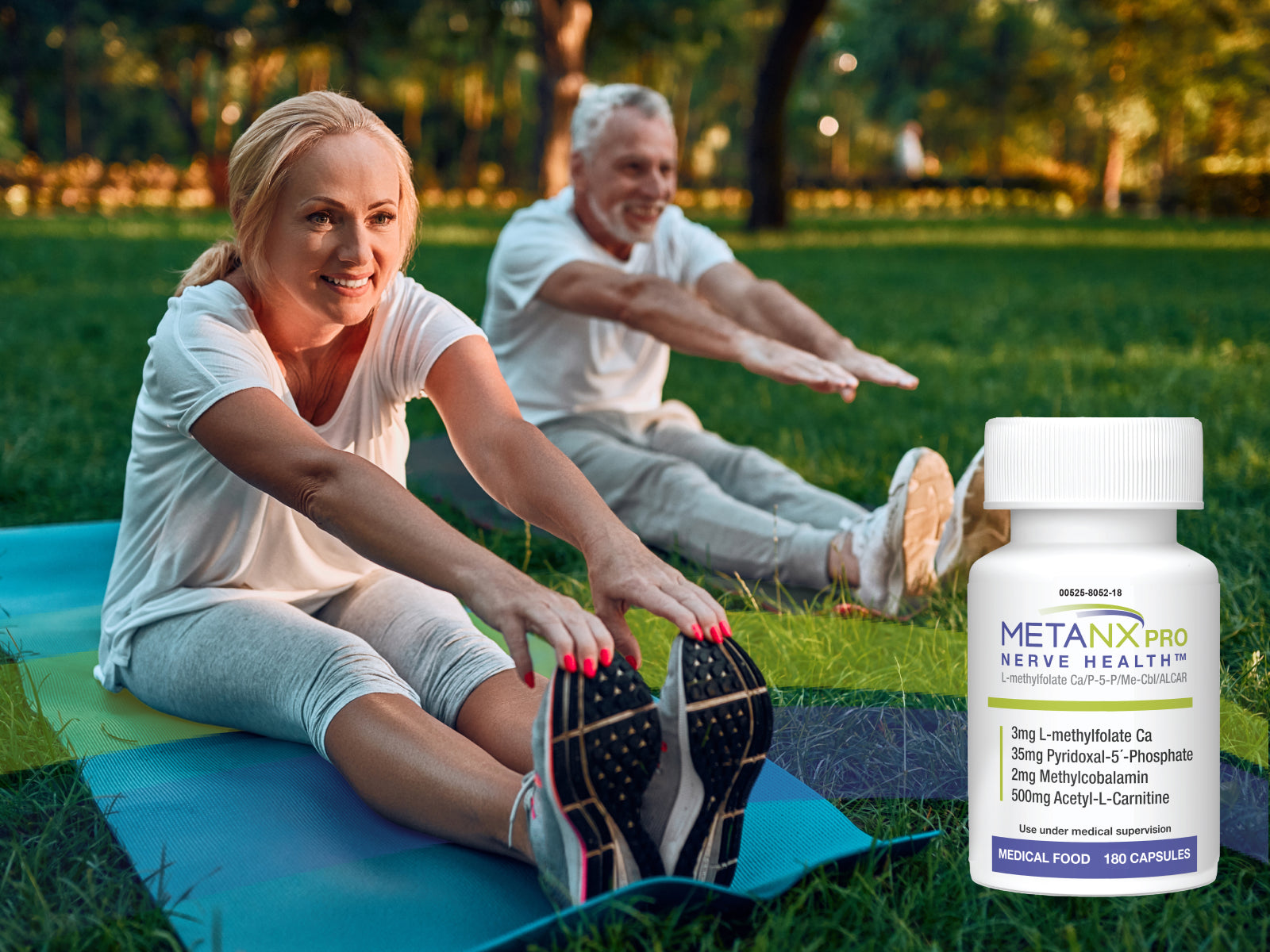 Older couple stretching at the park. MetanxPRO Nerve Health™ 180 capsule bottle in the right foreground of the picture.